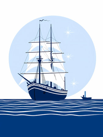 A large white ship sailing on calm blue ocean waters, with a clear sky overhead.の素材