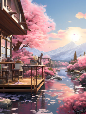 A beautiful house with pink flowers in bloom sits next to a tranquil body of water, surrounded by lush greenery.の素材