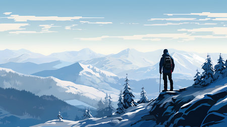 A person stands atop a snowy mountain, looking out at the majestic landscape below.の素材