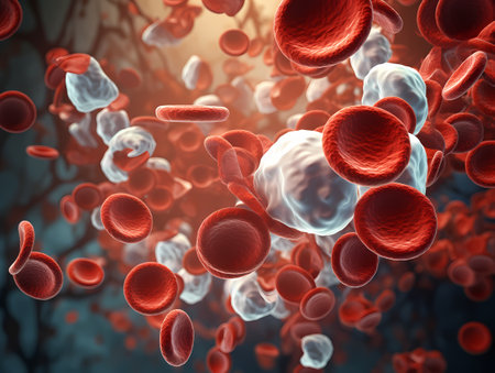 Two red and white blood cells suspended in a fluid, floating in midair.の素材