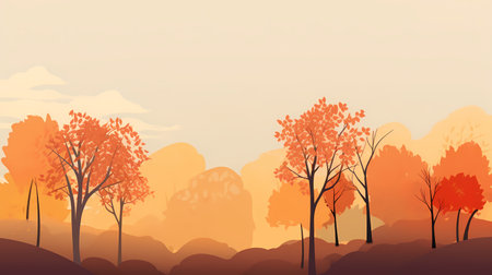 A cluster of trees with vibrant orange-hued leaves, illuminated by the bright sunlight.の素材