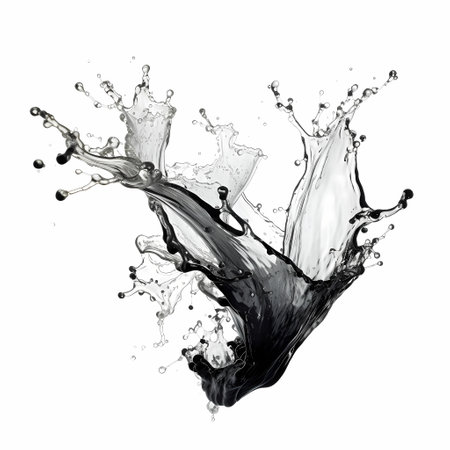 A black liquid drops and splashes in mid-air, forming a high contrast against the white background.の素材