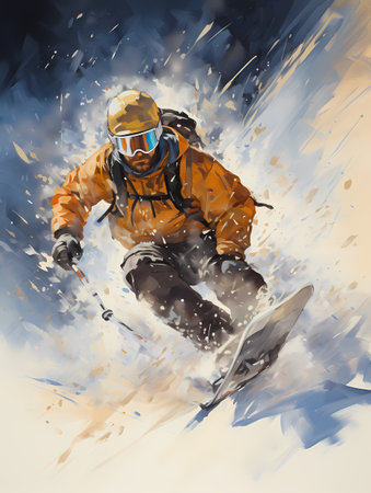 A person in a bright blue ski suit is skiing down a steep, snowy mountain, heading down the slope with their arms outstretched.の素材