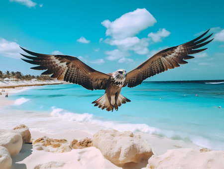 A small bird is flying over a sandy beach, the sun shining brightly in the sky. The waves gently crash against the shore.の素材