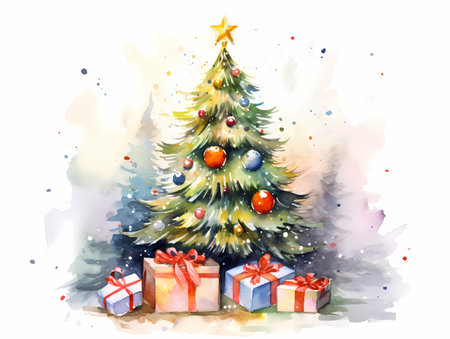 A colorful Christmas tree decorated with presents stands in front of a painted background, surrounded by a vibrant sky.の素材