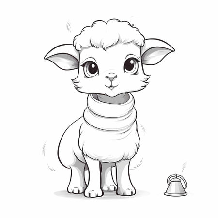 A white fluffy lamb with big eyes, standing in a grassy field with a bright blue sky.の素材