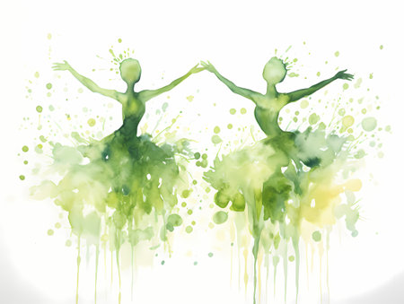 Two smiling women in colorful clothes spin gracefully in a dreamy swirl of watercolor paint.の素材