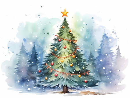 A vibrant, watercolor painting of a Christmas tree adorned with colorful ornaments and a star atop its peak.の素材