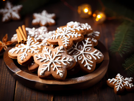 A plate of freshly-baked gingerbread cookies, arranged in a delightful pattern with golden-brown edges and a light dusting of powdered sugar.の素材