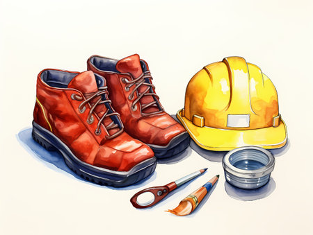 A close-up of two blue boots and a yellow hard hat with splashes of white paint for a watercolor effect.の素材