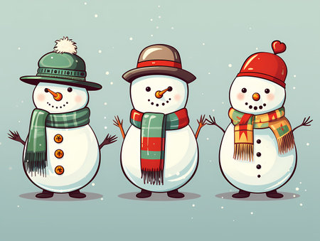 A cluster of snowmen wearing colorful hats and cozy scarves, smiling joyfully at the camera.の素材