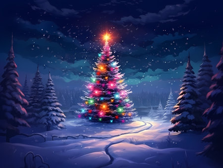 A snow-covered Christmas tree, adorned with bright, sparkling lights, stands in a wintery landscape.の素材