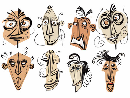 Drawing of 8 cartoon faces illustration separated, sweeping overdrawn lines.のイラスト素材