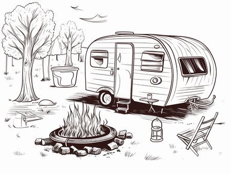 Drawing of artoon traveling scene with a vintage camper a fire pit illustration separated, sweeping overdrawn lines.のイラスト素材