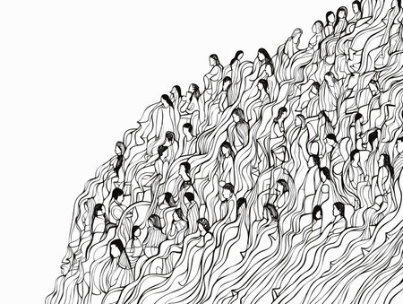 Drawing of Continuous line drawing of a diverse crowd illustration separated, sweeping overdrawn lines.のイラスト素材