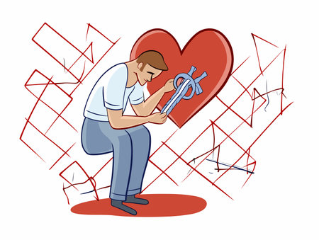 Drawing of Cartoon illustration of man patching a heart with adhesive illustration separated, sweeping overdrawn lines.のイラスト素材