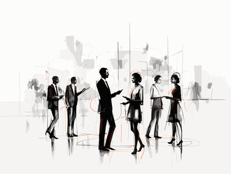 Drawing of Continuous line drawing of business people talking illustration separated, sweeping overdrawn lines.のイラスト素材