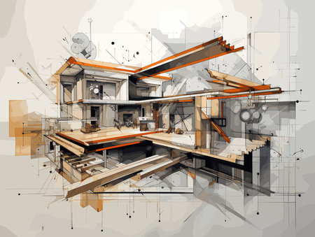Drawing of Construction drawing illustration separated, sweeping overdrawn lines.のイラスト素材