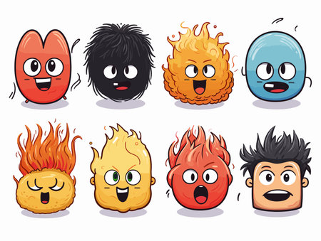 Drawing of 8 types Doodle Emoji face icon set illustration separated, sweeping overdrawn lines.のイラスト素材