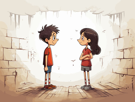 Drawing of cartoon characters discussing top view illustration separated, sweeping overdrawn lines.のイラスト素材