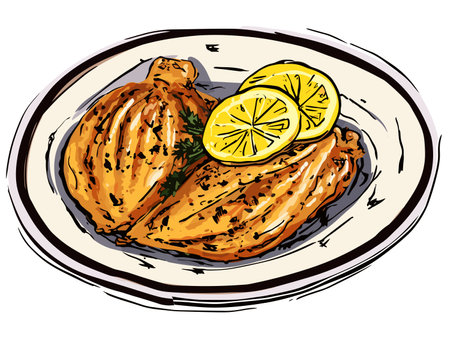 Drawing of Illustration of isolated Grilled chicken in a plate illustration separated, sweeping overdrawn lines.のイラスト素材