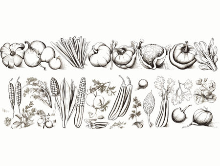 Drawing of fresh vegetables collection. Food frame illustration separated, sweeping overdrawn lines.のイラスト素材
