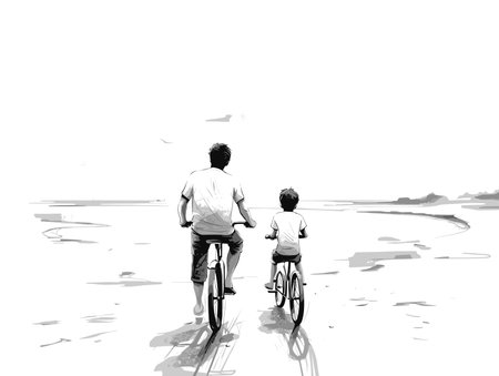 Drawing of Father and son learning to ride a bicycle at the beach illustration separated, sweeping overdrawn lines.のイラスト素材