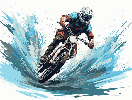 Drawing of Mountain bike water jump illustration separated, sweeping overdrawn lines.のイラスト素材
