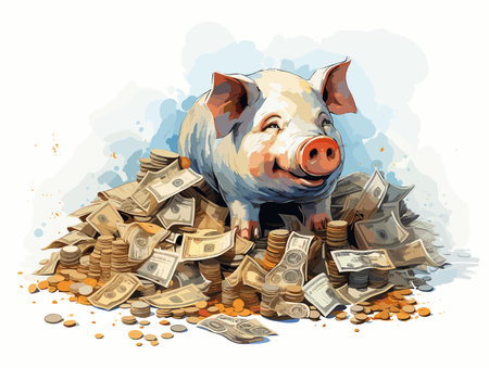 Drawing of Piggy with money illustration separated, sweeping overdrawn lines.のイラスト素材