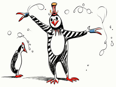 Drawing of Illustration of isolated clown penguin juggling on white illustration separated, sweeping overdrawn lines.のイラスト素材