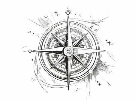 Drawing of Metal compass at paper map illustration separated, sweeping overdrawn lines.のイラスト素材