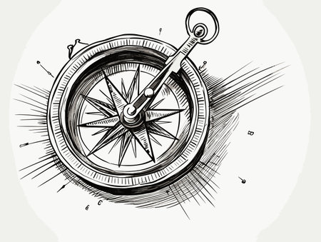 Drawing of Metal compass at paper map illustration separated, sweeping overdrawn lines.のイラスト素材