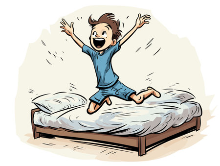 Drawing of happy cute little kid boy jumping on bed illustration separated, sweeping overdrawn lines.のイラスト素材