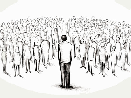 Drawing of Unique man standing out from the crowd of regular man illustration separated, sweeping overdrawn lines.のイラスト素材