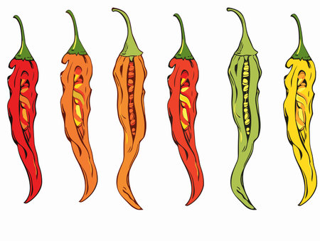 Drawing of Hot chilli peppers with one standing out as different illustration separated, sweeping overdrawn lines.のイラスト素材