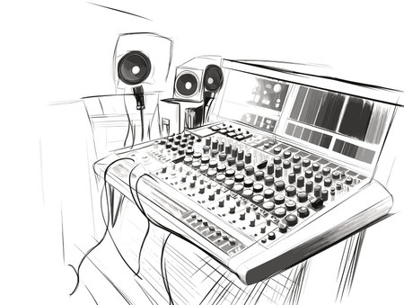Drawing of Studio microphone and mixing console illustration separated, sweeping overdrawn lines.のイラスト素材