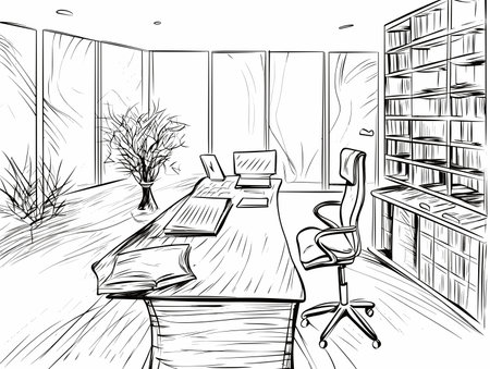 Drawing of Office room.Vector interior for work with table illustration separated, sweeping overdrawn lines.のイラスト素材
