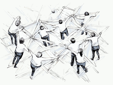 Drawing of team members working together top view illustration separated, sweeping overdrawn lines.のイラスト素材