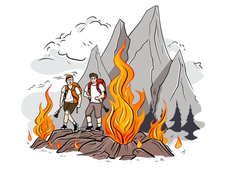 Drawing of Vector cartoon hikers with campfire illustration separated, sweeping overdrawn lines.のイラスト素材
