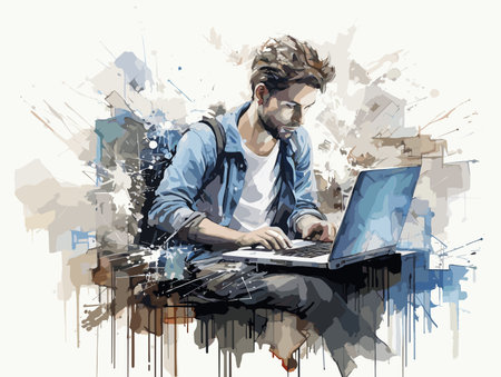 Drawing of Young man sitting at the desk working at laptop illustration separated, sweeping overdrawn lines.のイラスト素材