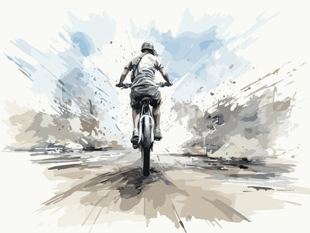 Drawing of Young man doing wheelie with bicycle in beach illustration separated, sweeping overdrawn lines.のイラスト素材