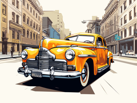 Drawing of Vintage yellow taxi in New York illustration separated, sweeping overdrawn lines.のイラスト素材