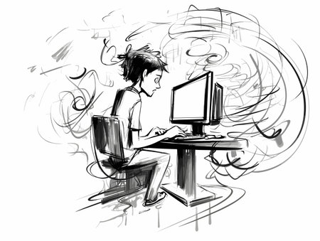 Drawing of Student is gaming on a desktop computer pc illustration separated, sweeping overdrawn lines.のイラスト素材