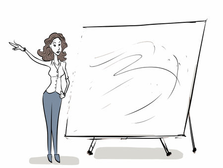 Drawing of Woman presenter with blank presentation whiteboard illustration separated, sweeping overdrawn lines.のイラスト素材
