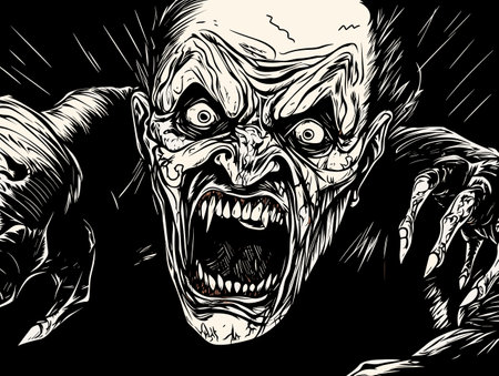 A Black And White Drawing Of A Scary Man - 1800s woodcut illustration of a vicious evil.のイラスト素材