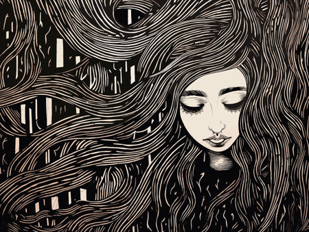 A Drawing Of A Woman With Long Hair - a students drawing from life.のイラスト素材