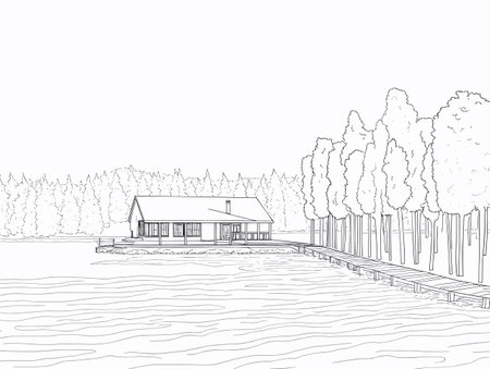 A House On A Dock By A Lake - a modern house by a lakeのイラスト素材