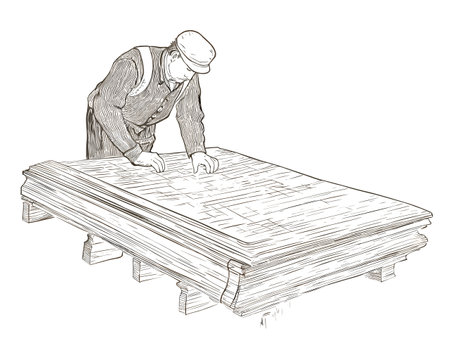 A Man In Overalls And Hat Working On A Piece Of Wood - a woodcut of a printing press printing a book of liesのイラスト素材