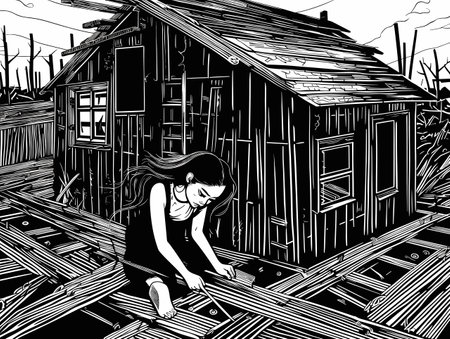 A Girl Sitting On A Wooden Structure - a woman working intensively on a house constructionのイラスト素材