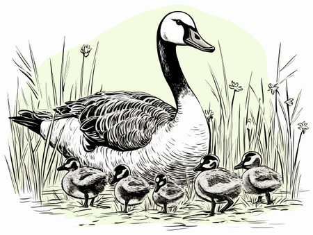 A Black And White Drawing Of A Goose With Ducklings - Goose with goslings and eggs on green grass.のイラスト素材